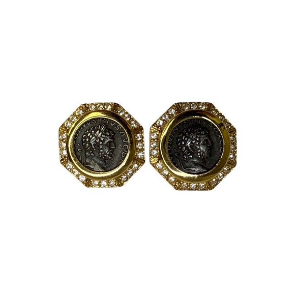 Carolee Roman Coin Rhinestone Clip Earrings Vintage